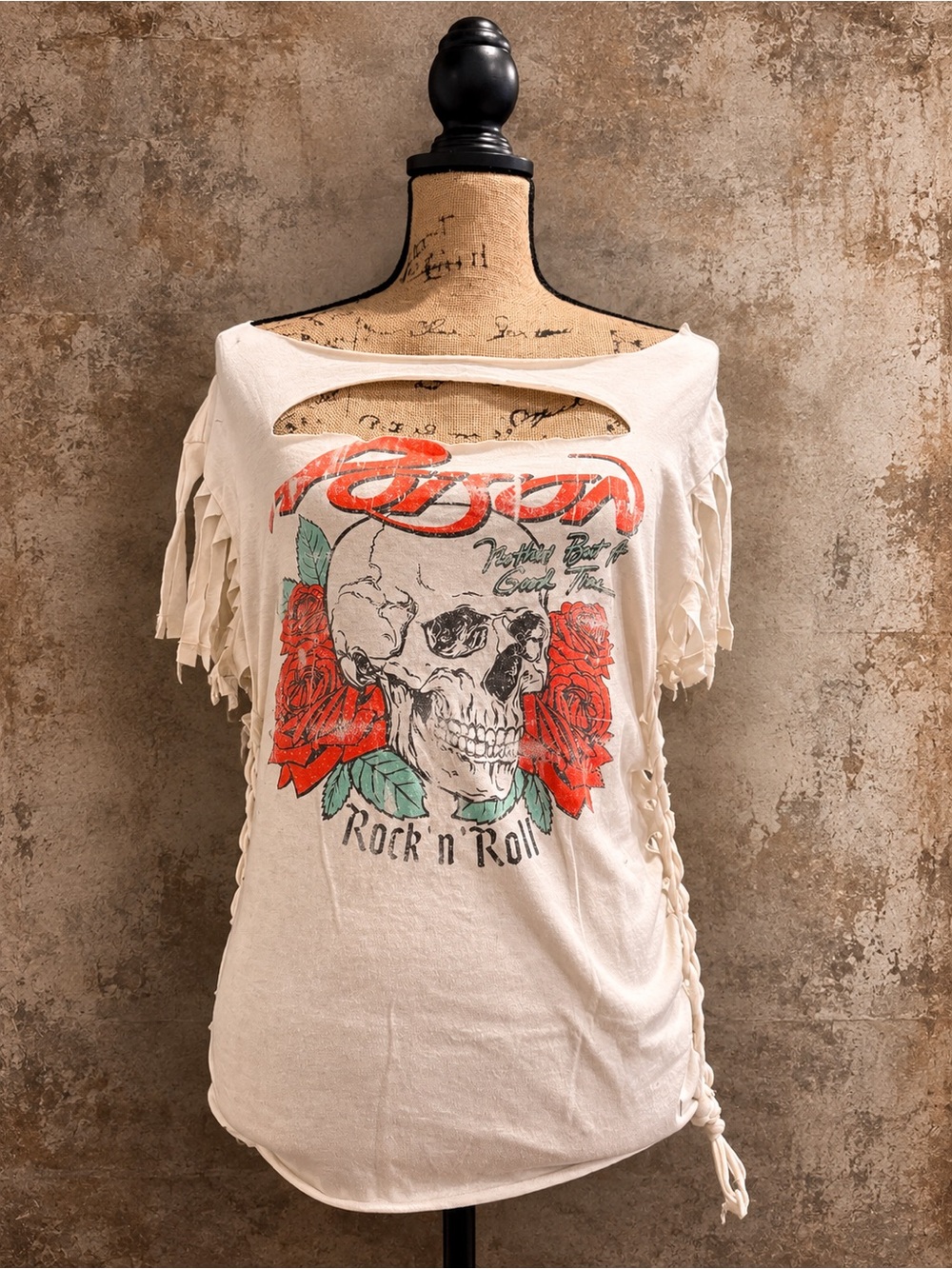 Poison Rock N’ Roll Distressed Fringe Tee – Size Medium
